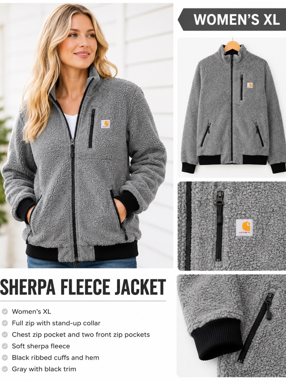 Carhartt Women's Gray Sherpa Jacket with Black Trim